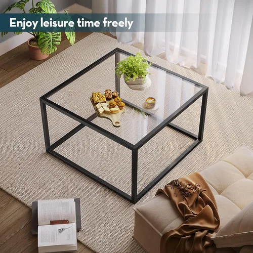 Vista 5 de Mesa de café de vidrio SAYGOER Mesas de café pequeñas cuadradas para sala de estar, mesa de centro moderna de 26.7 pulgadas para oficina