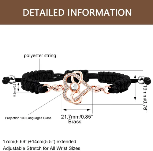 Vista 6 de Pulsera con texto en inglés "I Love You" en 100 idiomas, pulseras de proyección de corazón, cuerda trenzada ajustable, regalos de amor para mamá