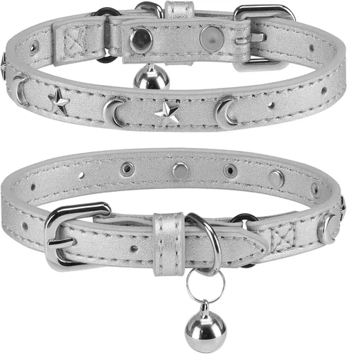 Vista 24 de Collares de cuero DILLYBUD para gatos macho y hembra con campana y cinturón elástico de seguridad, collar ajustable con hebilla de seguridad
