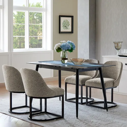 Vista 46 de Leick Home 214536 Barrelback Silla de comedor con base de metal, juego de 2, para comedor, asiento moderno de lino negro y base de metal dorado