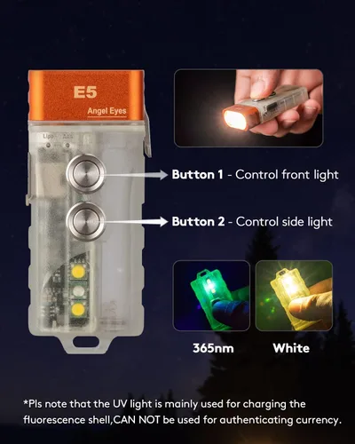 Vista 5 de Linterna con llavero RovyVon Angel Eyes E5 GITD, linterna EDC con 700 lúmenes de luz principal y luces auxiliares prácticas, alimentada por batería