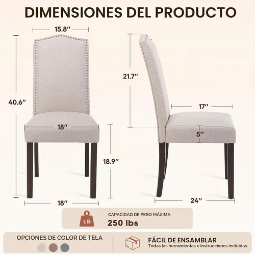 Vista 2 de Juego de 2 sillas de comedor tapizadas modernas y elegantes para cocina Beige