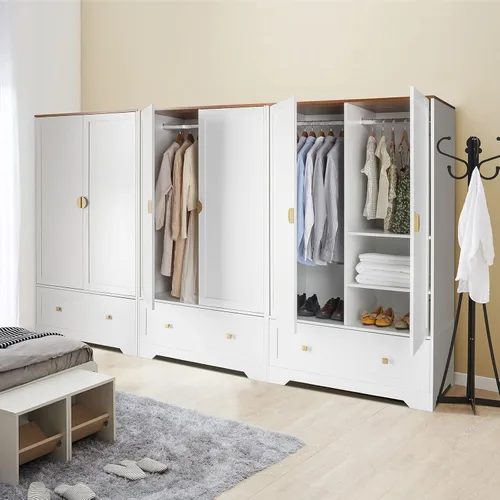 Vista 15 de VINGLI Armario Ropero Acanalado con Puertas y Cajones, Gabinete Armario con Barra para Colgar, Armario de Dormitorio de Madera de Roble, Armario
