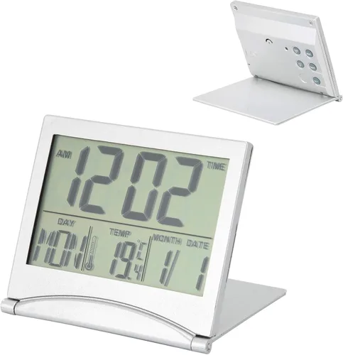 Vista 7 de Reloj electrónico compacto con alarma plegable, fácil de leer, reloj atómico de escritorio, ajuste automático, pantalla de reloj despertador digital
