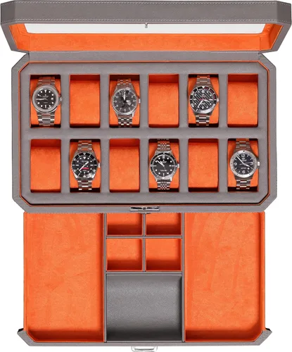 Vista 7 de ROTHWELL Caja de reloj de lujo para 12 relojes, caja de reloj de cuero PU con tapa de vidrio real, cajón deslizable para accesorios con múltiples