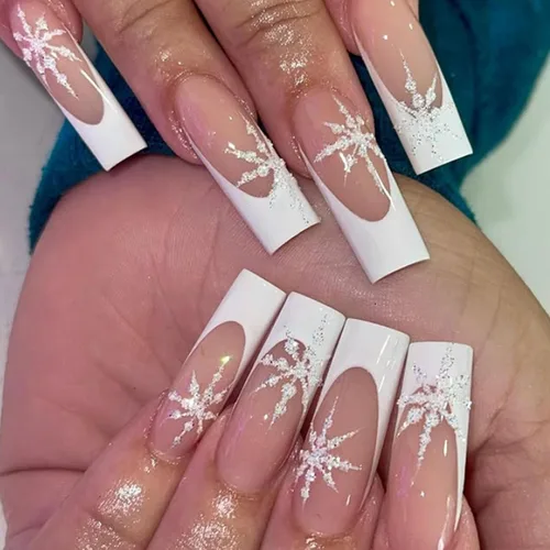 Vista 8 de Uñas postizas a presión con punta francesa cuadrada larga con arco 3D, diseños de línea de copo de nieve, uñas de invierno, uñas a presión