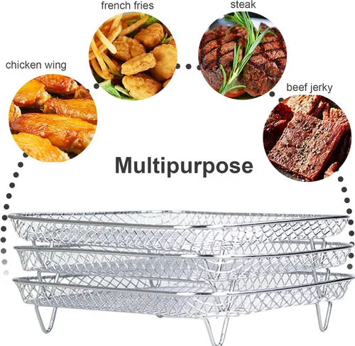 Vista 4 de Estante para freidora de aire, 3 capas de acero inoxidable, estante apilable para freidora de aire con 8 pies de silicona para horno, olla