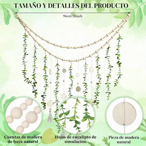 Vista 2 de Jetec Guirnalda Colgante de Eucalipto Boho para Pared de Dormitorio Grande, Guirnalda de Perlas de Madera Artificial con Vegetación Natural
