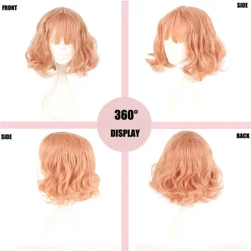 Vista 3 de Nami Lovely Rosa corto ondulado Harajuku Anime Cosplay Pelucas de pelo completo COS Props