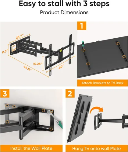 Vista 9 de FORGING MOUNT Soporte de pared para TV de brazo largo con extensión de 42.9 pulgadas y regleta de alimentación para televisores de 60 a 120
