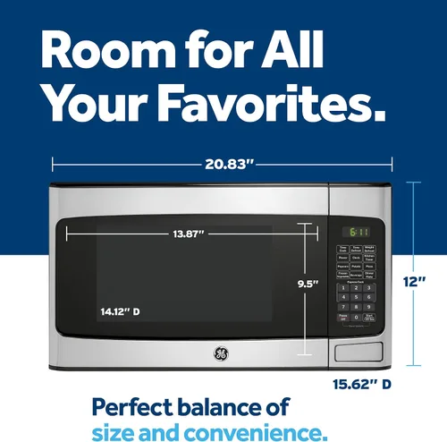 Vista 10 de [Usado] Horno microondas compacto GE para encimera, 1.1 pies cúbicos, capacidad de 950 W, 6 configuraciones de cocción automática, tecnología