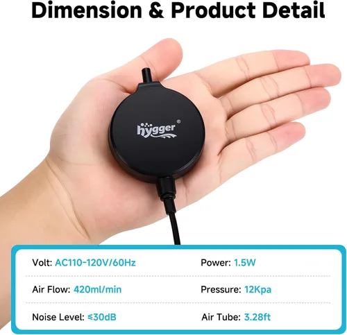 Vista 6 de hygger Mini bomba de aire para acuario de 1.5 W, aireador silencioso con clip de ventosa de tubo de piedra de aire, bomba de oxígeno pequeña