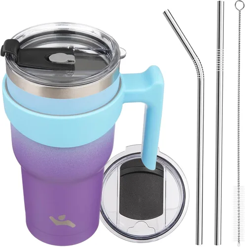 Vista 33 de Konokyo - Vaso de 10 onzas con asa y 2 popotes, 2 tapas, botella de agua aislada de acero inoxidable, taza de viaje reutilizable, color verde militar