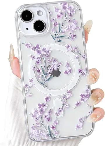 Vista 31 de NITITOP Funda magnética transparente compatible con iPhone 14 Plus/15 Plus, compatible con MagSafe lindas flores, hojas florales para mujeres