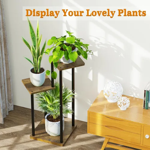Vista 6 de Oppro Soporte para plantas de 3 niveles para interiores, soporte de esquina de metal de madera escalonada, soporte para macetas, estante de madera