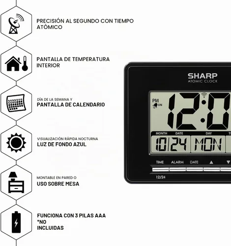 Vista 2 de Reloj de Escritorio Atómico Sharp – Reloj Despertador Digital de Ajuste Automático - Precisión Atómica - Pantalla Fácil de Leer con Visualización