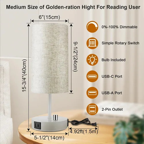 Vista 3 de LTBLIGHT Lámpara de mesita de noche con puerto USB + salida de CA, lámpara de escritorio regulable de 3 vías, lámpara pequeña de base blanca