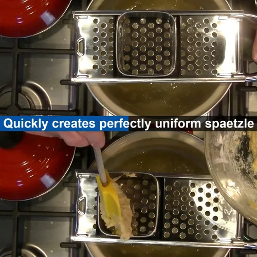 Vista 4 de Spaetzle Maker de acero inoxidable con mango de agarre cómodo, prensa Spaetzle con cuchara coladora de araña, espátula de silicona y cepillo
