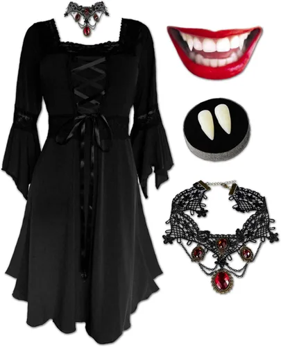 Vista 6 de Dare to Wear Disfraz de vampiro eterno: colmillos, gargantilla de rubí sintético y vestido renacentista gótico atemporal para mujer victoriana