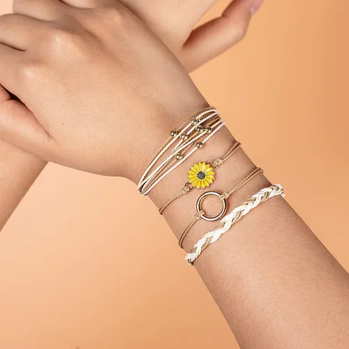 Vista 2 de Pulsera de cuerda trenzada hecha a mano con diseño de girasol para adolescentes y mujeres