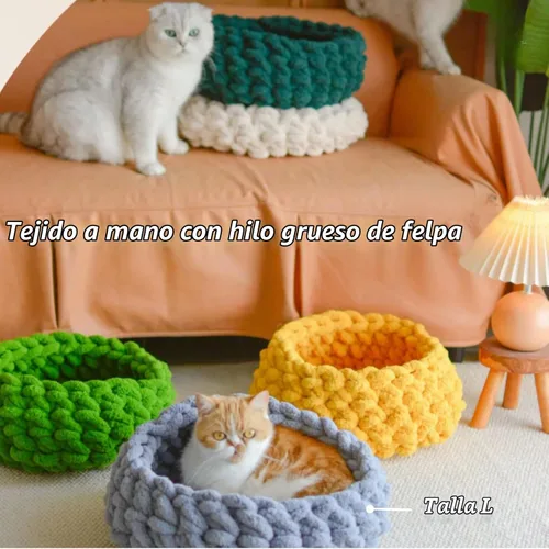 Vista 4 de Cama nido para gatos, tejida a mano, lavable, redonda, gatito cueva (blanco nube, L)