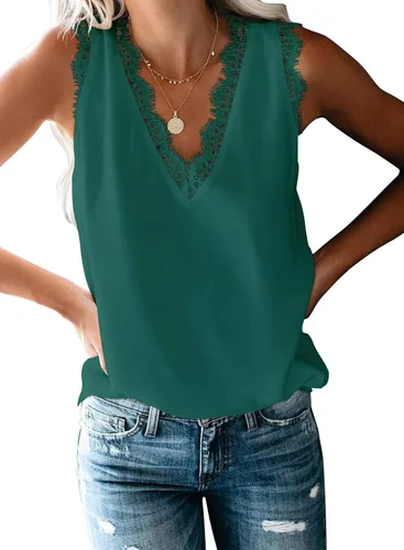 Vista 30 de VIISHOW - Camiseta sin mangas, sexy, con cuello en V y bordes de encaje para mujer, camisola de vestir, camisas de gasa, sin mangas, casuales