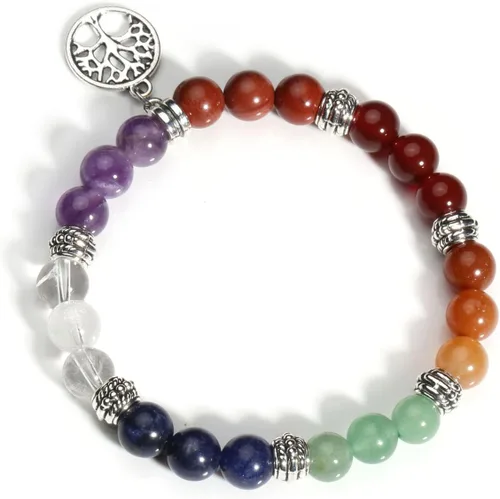 Vista 18 de Eigso Pulsera elástica de piedra de cristal de meditación curativa de 7 chakras para mujer con símbolo de loto, yoga, árbol, OM