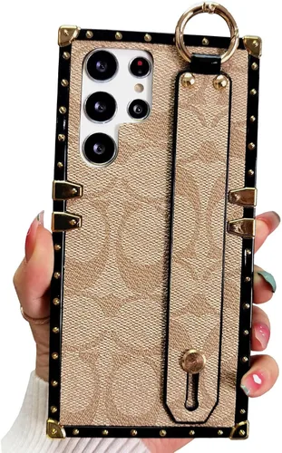 Vista 10 de Funda protectora de piel de lujo para Samsung Galaxy S22 Ultra de 6.8 pulgadas, diseño rectangular, anticaídas, color marrón