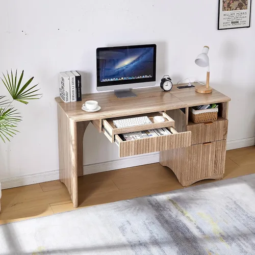 Vista 6 de Escritorio moderno para computadora de 55 pulgadas con bandeja para teclado, tomas de corriente integradas, diseño estriado, cajón principal 2 en 1