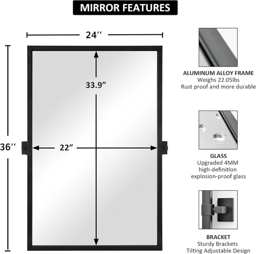 Vista 2 de Espejo rectangular de baño – 24 x 36 pulgadas, marco de metal negro, espejos de tocador biselados inclinables, moderno espejo pivote