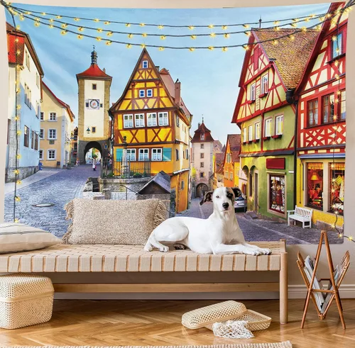 Vista 9 de Ambesonne Tapiz alemán, Rothenburg ob der Tauber Baviera Alemania famosa calle colorida casas clásicas, decoración de tela para colgar en la pared