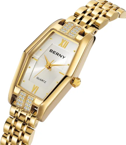 Vista 2 de BERNY Relojes de oro para mujer, delicado hexágono, reloj de pulsera de cuarzo para mujer, correa de acero inoxidable, reloj analógico de moda