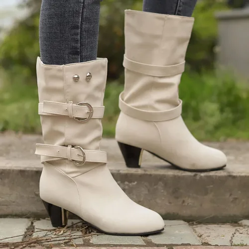 Vista 7 de SuanlaTDS Tall Wide Calf Boots for Women Heel Mid Round Boots Heel Cowboy Toe Vintage Velvet Shoes Buckle Women's Plus Women's Boots (Beige, 8)