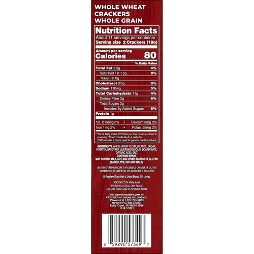 Vista 3 de Carr's, Galletas de trigo integral, proyecto verificado sin OMG, horneadas con 100% grano entero, caja de 7 onzas