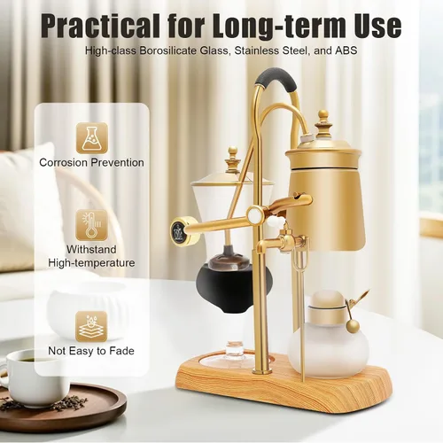 Vista 3 de Belga Royal Coffee Machine Set Balance Syphon Sifon Cafetera Gold Sifon Brewer 15oz 13.5 fl oz Dorado