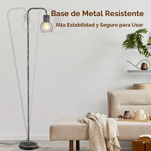 Vista 6 de Lámpara de pie industrial, lámpara de pie plateada antigua moderna con bombilla LED de 6 W, interruptor de pie, lámparas altas de metal para sala