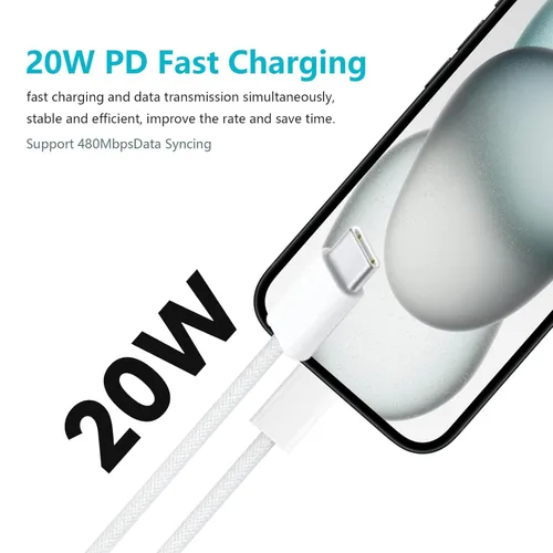 Vista 2 de Adaptador de cargador rápido de 3 pies y 20 W para AirPods 4 Gen 4 generación, AirPods Pro 3 2025/Pro 2 2nd, Air Pods Max 2024, iPhone 17 16e 16 15