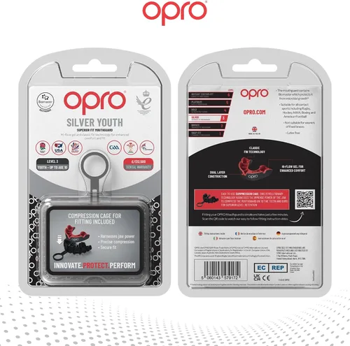 Vista 7 de OPRO Protector bucal moldeable de nivel plateado, ajuste esencial (negro/rojo) para niños y jóvenes, protector bucal de boxeo para artes marciales