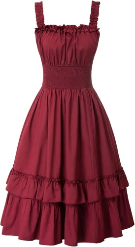 Vista 2 de Scarlet Darkness - Vestido gótico steampunk para mujer, cuello cuadrado, sin mangas y alto.