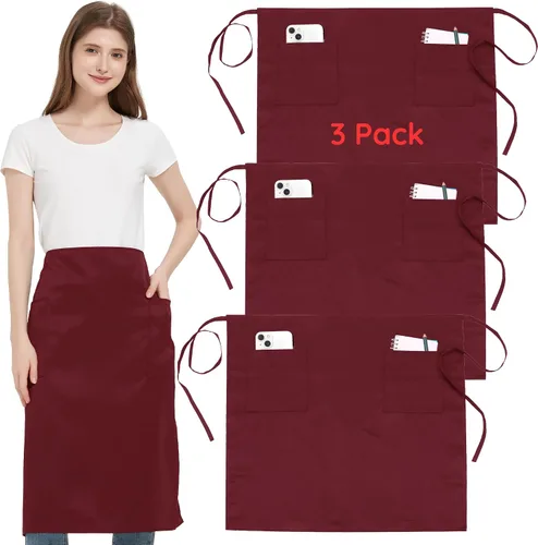 Vista 17 de Paquete de 3 delantales de cintura con 3 bolsillos, delantales de camarero unisex negros, delantales resistentes al agua para restaurante, chef y bar