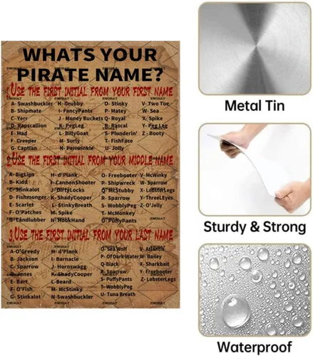Vista 3 de EMOHAT Cartel de metal con texto en inglés "What is your pirate name" (What is your pirate name), cartel de metal para habitación, porche, cocina