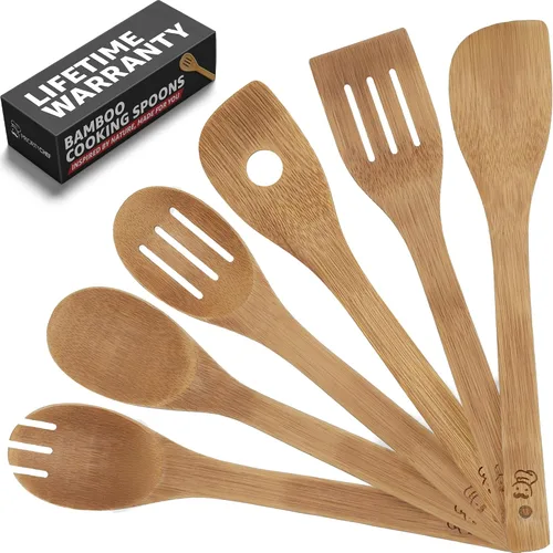 Vista 8 de PriorityChef Cucharas de Madera para Cocinar, 6 Piezas de Utensilios de Cocina de Bambú Antiarañazos, Juego de Utensilios de Madera No Tóxicos