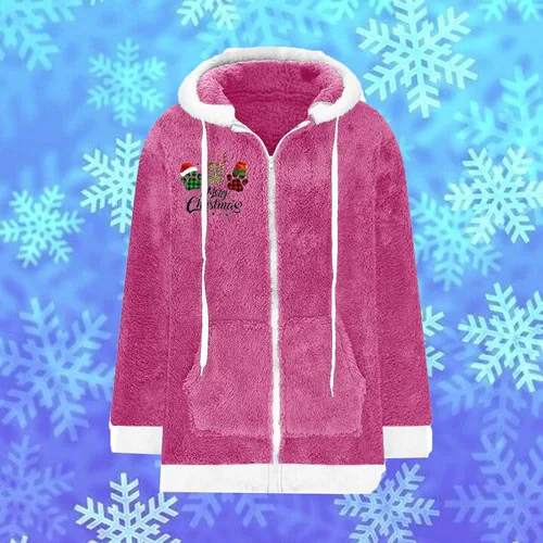 Vista 2 de Sudadera de Navidad con capucha de gran tamaño para mujer, de forro polar, mullida, para exteriores, bonito abrigo de Navidad con bolsillos