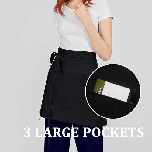 Vista 2 de Hi loyaya Delantal de camarera para mujeres y hombres, juego de 6 delantales negros de media cintura con bolsillos para chef, camarero, servidor