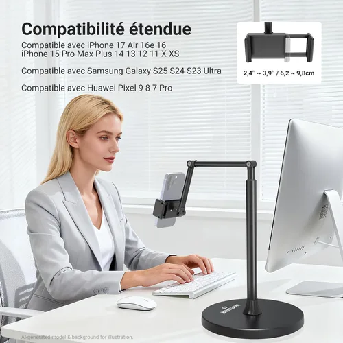 Vista 5 de NEEWER Soporte de piso para teléfono, versión de nivel de entrada, ajustable para mesa de oficina, mesita de noche, soporte para teléfono celular