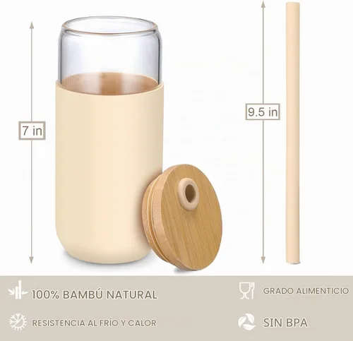 Vista 6 de Vaso de agua de vidrio de 20 onzas con funda protectora de silicona - Vasos de vidrio tipo lata de cerveza con pajita y tapa de bambú, vasos