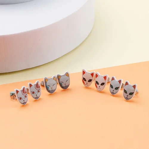 Vista 5 de 4 pares de aretes de máscara de zorro Demon Slayer Kimetsu No Yaiba Cosplay de acrílico para hombres mujeres y niñas máscara de zorro