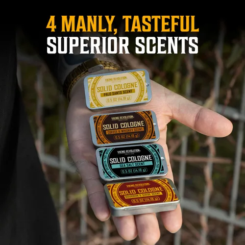 Vista 6 de Viking Revolution Paquete de 4 colonia sólida para hombre, juego de regalo de colonia para hombre, incluye café y whisky, Palo Santo, sal marina