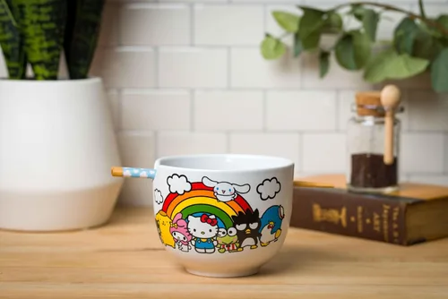 Vista 113 de Silver Buffalo Hello Kitty y sus amigos Chococat - Tazón de cerámica para ramen y arroz con palillos, patrón a cuadros, apto para microondas, 20