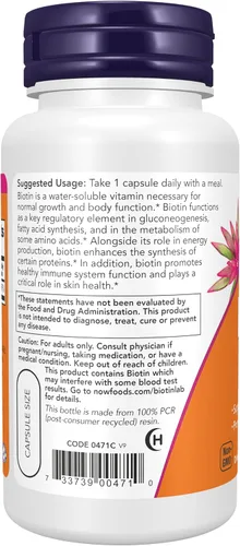 Vista 3 de NOW Foods Suplementos, Biotina 5,000 mcg, Metabolismo de Aminoácidos*, Producción de Energía*, 60 Cápsulas Vegetales
